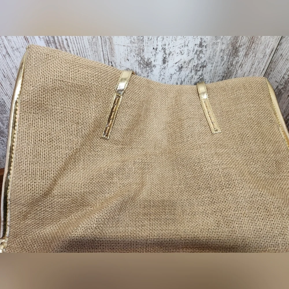 Tan Burlap with Gold Trim & Handles With Letter 